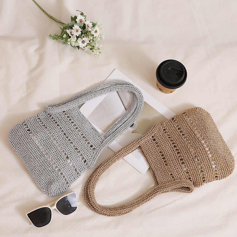 Straw Metallic Yarn Portable Hollow Woven Seaside Bags