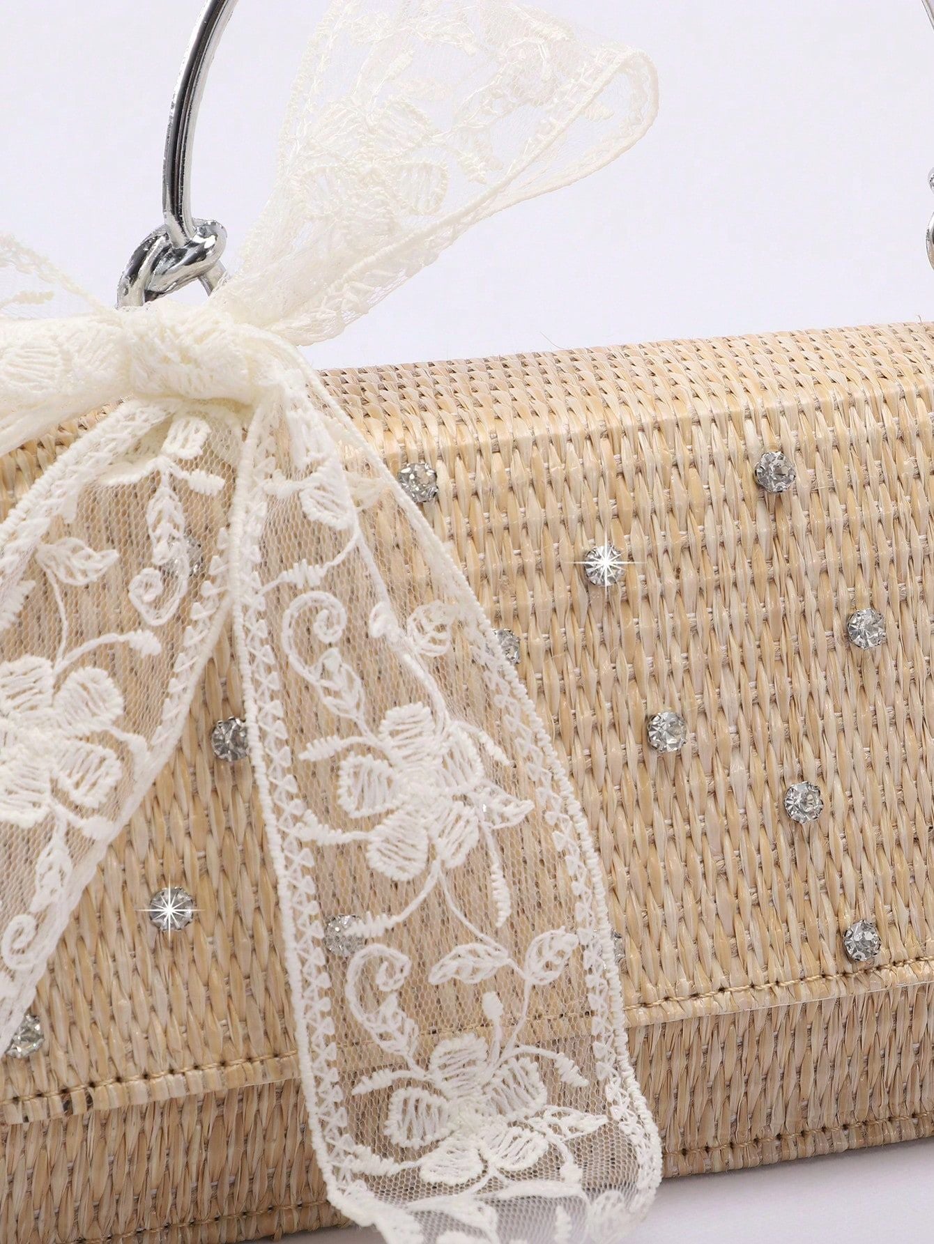 Women's Straw Woven Summer Diamond Shiny Crystal Lace Women's Handbag