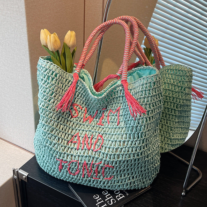 Beach Vacation Style Fresh Mint Green Straw Woven Wind Large Women's Shoulder Bag
