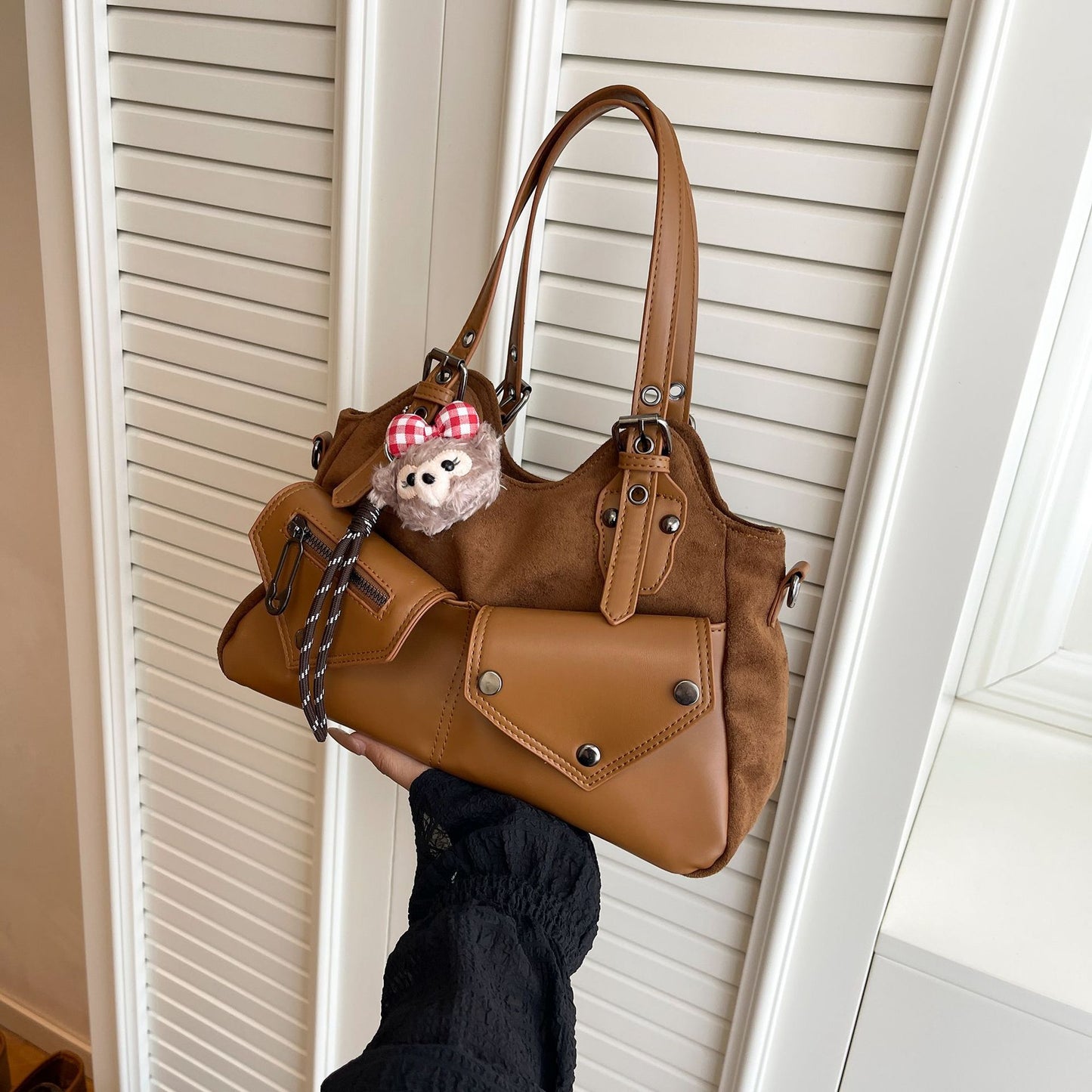Women's Brown Retro Contrast Color Premium Large Women's Shoulder Bag