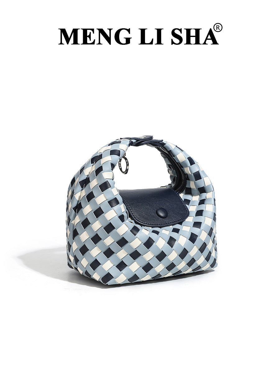 Women's Woven Blue White Plaid Hand Carrying Lunch Box Elegant Women's Shoulder Bag