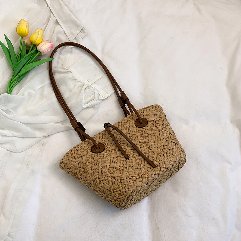 Women's Style Fashion Solid Color Woven Large Capacity Vacation Straw Vegetable Women's Shoulder Bag