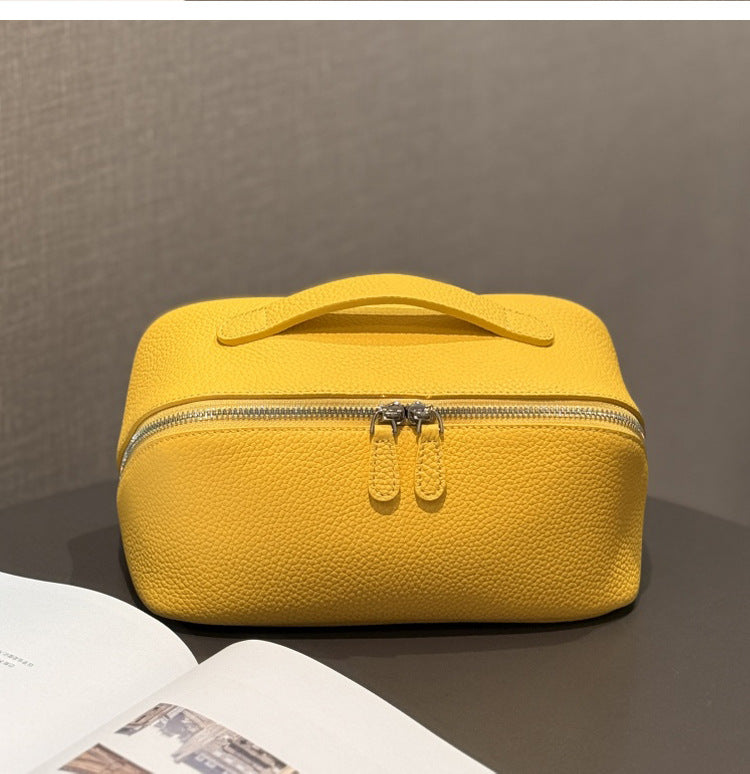 Simple High-grade First Layer Cowhide Texture Leather Portable Toiletry Large Cosmetic Bags