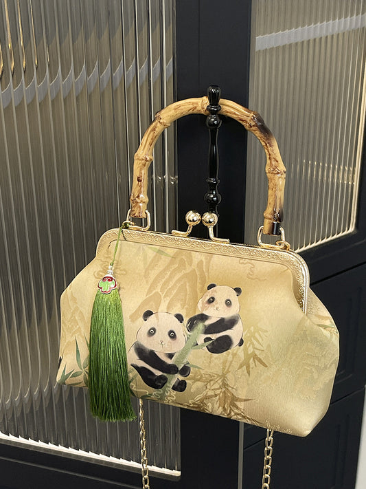 Panda Climbing Bamboo Wooden Fashion Tassel Women's Handbag