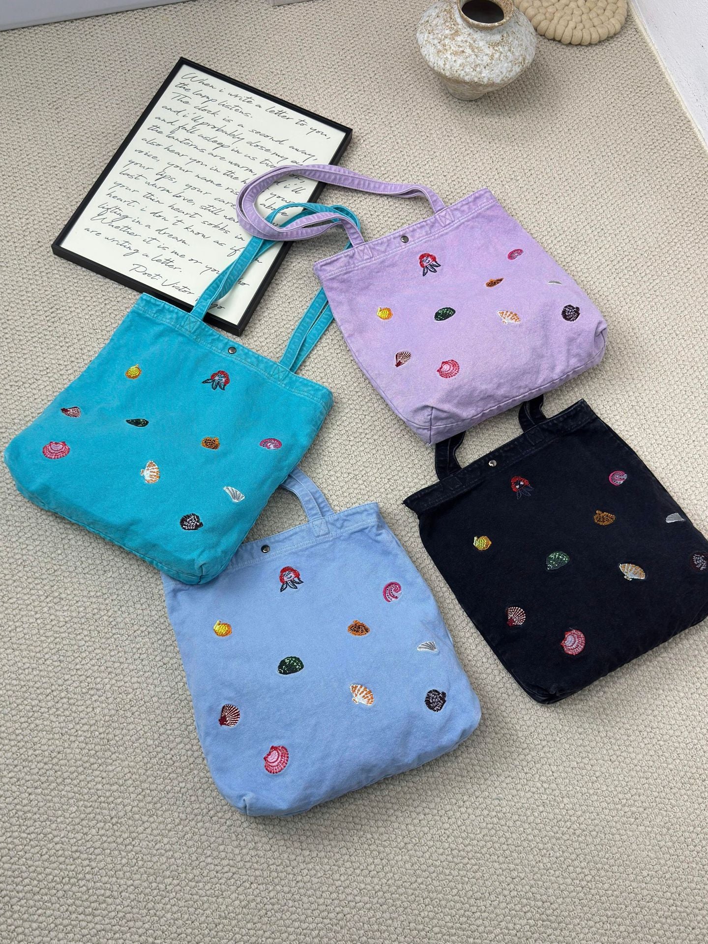 Korean Washed-out Denim Cute Embroidered Puppy Large Capacity Tote Bag