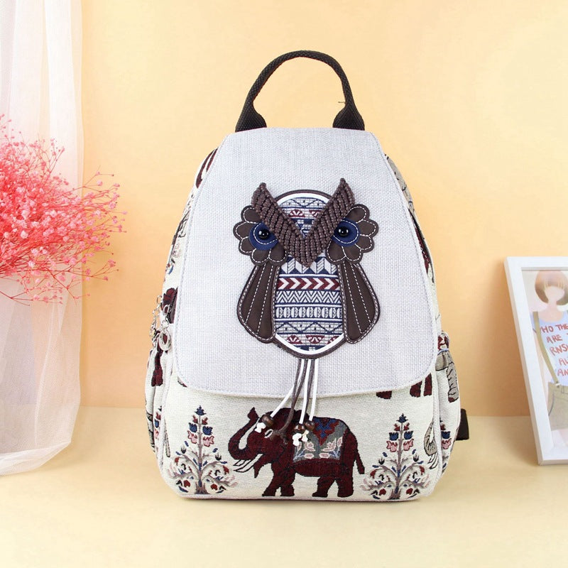 National Fashion Hand-woven Owl Antique Fabric Leisure Double Women's Backpack