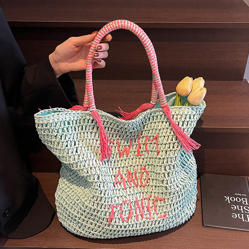 Beach Vacation Style Fresh Mint Green Straw Woven Wind Large Women's Shoulder Bag