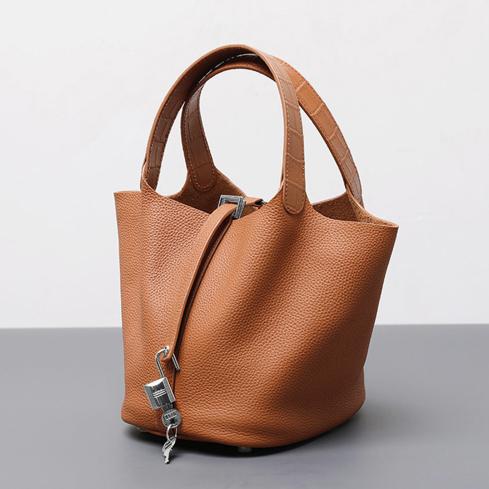 Women's Cowhide Painted Vegetable Basket Portable Adjustable Strap Bags