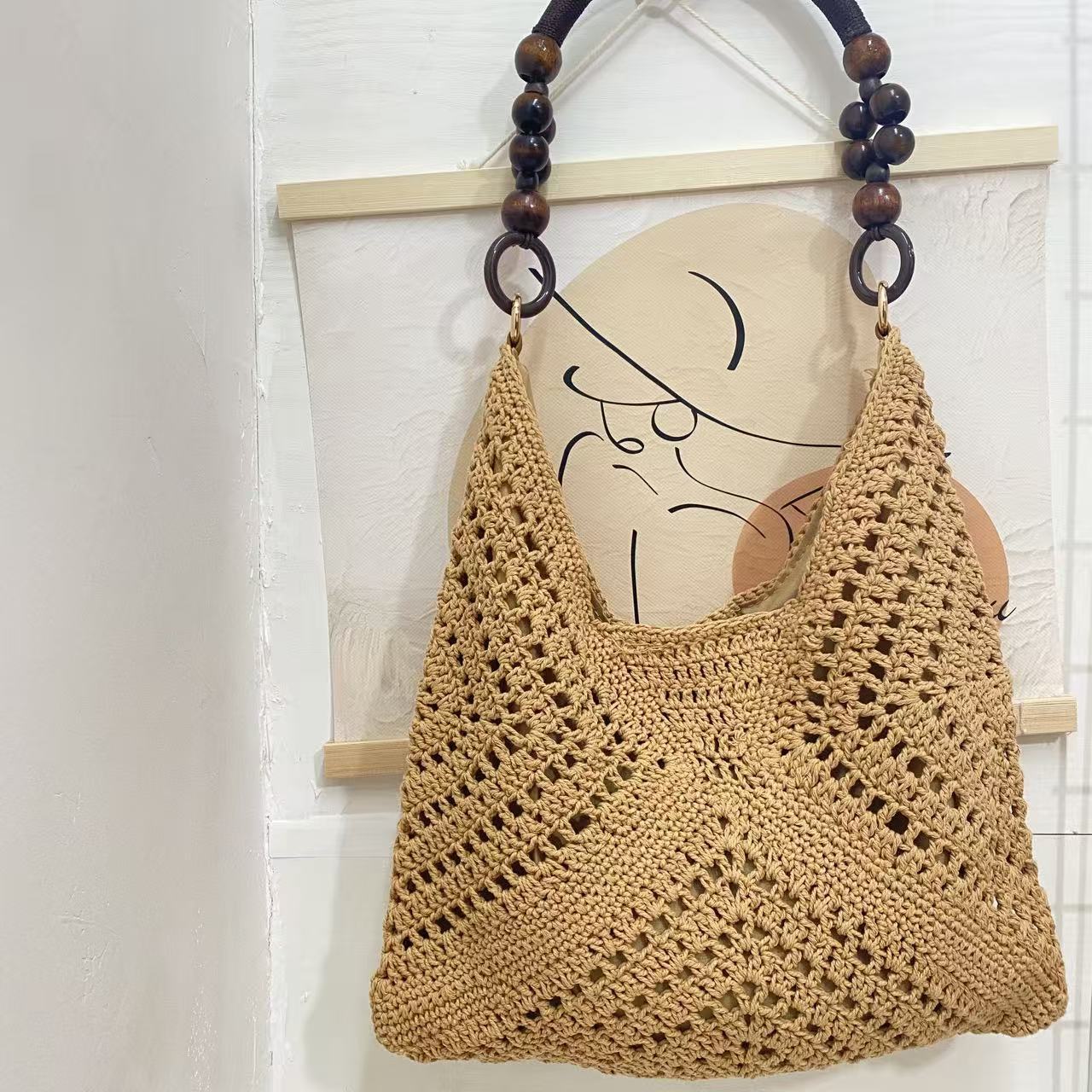 Hollow Wooden Bead Portable Commuter Large Tote Bags