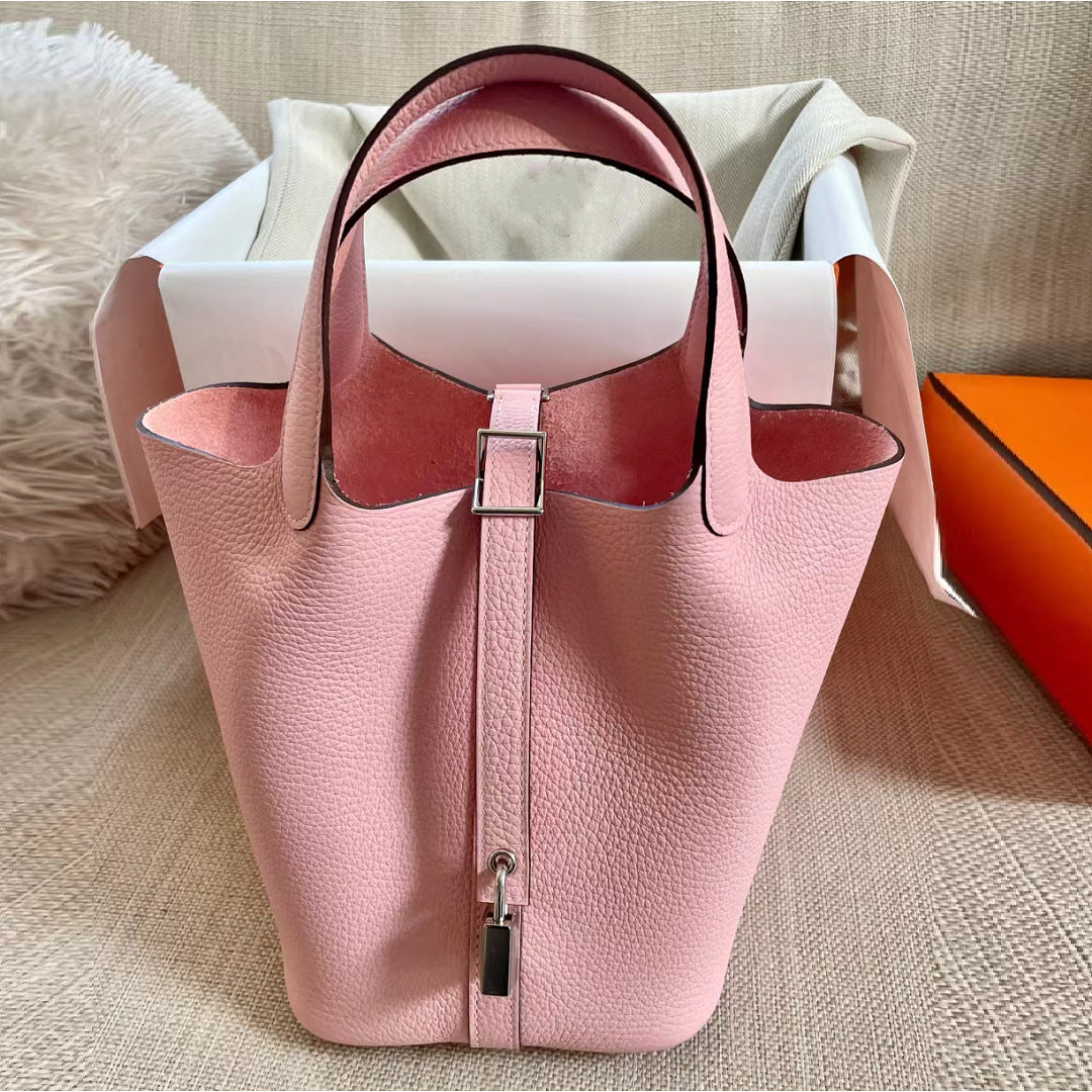 Women's Color Matching Vegetable Basket Genuine Leather Litchi Grain First Layer Bags