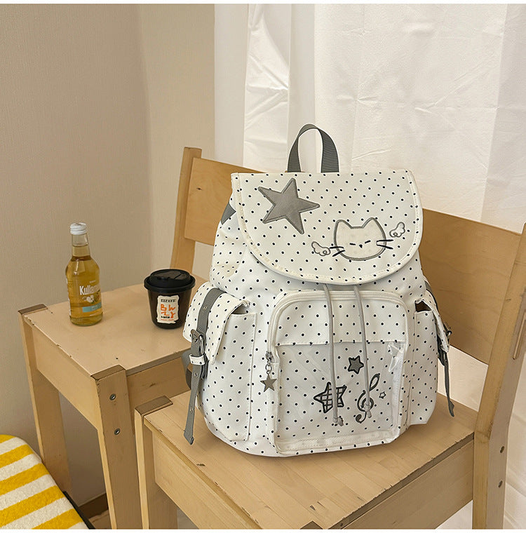 Korean Cute Polka Dot Cat Embroidery Drawstring Soft Leisure Backpack