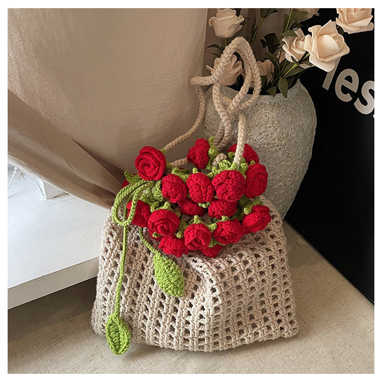 Rose Bouquet Blanket Handmade Crochet Woven Bucket Bags