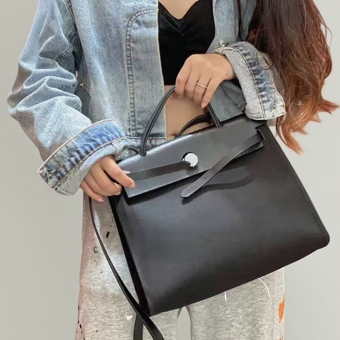 Women's Kelly Color Block Canvas Handmade Leather Large Women's Handbag