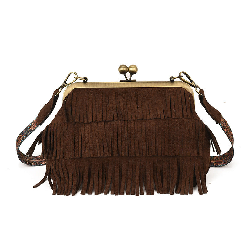Women's Texture Tassel Retro Easy Matching Style Simple Korean Wide Shoulder Bags