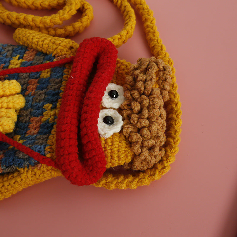Women's Weaving Sausage Mouth Ugly Cute Wool Crocheted Cartoon Mobile Phone Bag