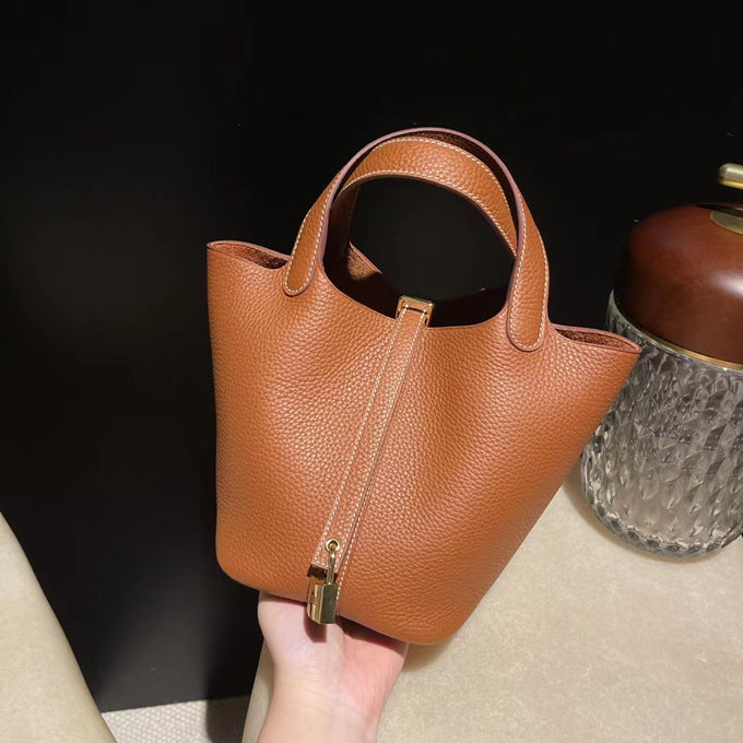 Women's Pattern Cowhide Vegetable Basket Portable High-grade Genuine Bucket Bag