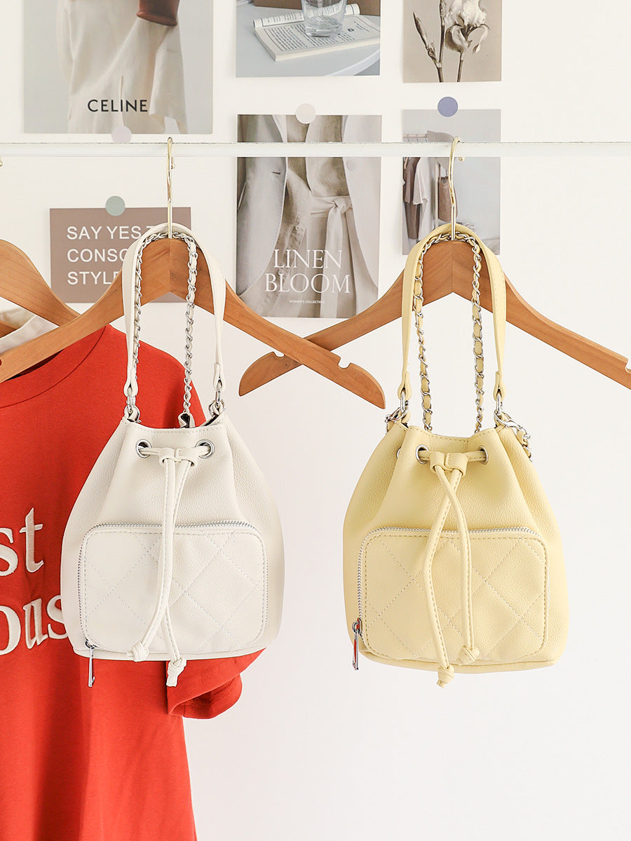 Korean Style Chain Design Drawstring Diamond Bucket Bag