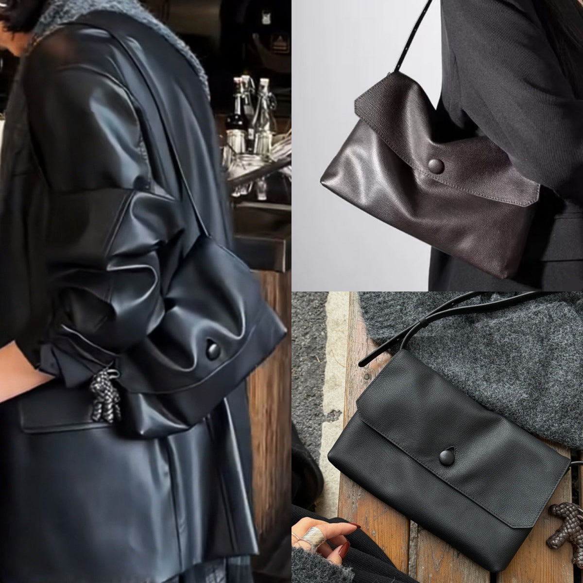 Women's Korean Style Niche Button Large Minimalist Top Layer Leather Bags