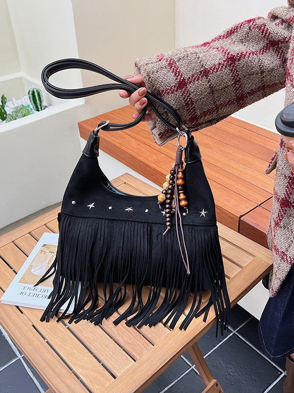 Women's Autumn Deerskin Veet Matte Tassel Retro Commuter Tote Bag