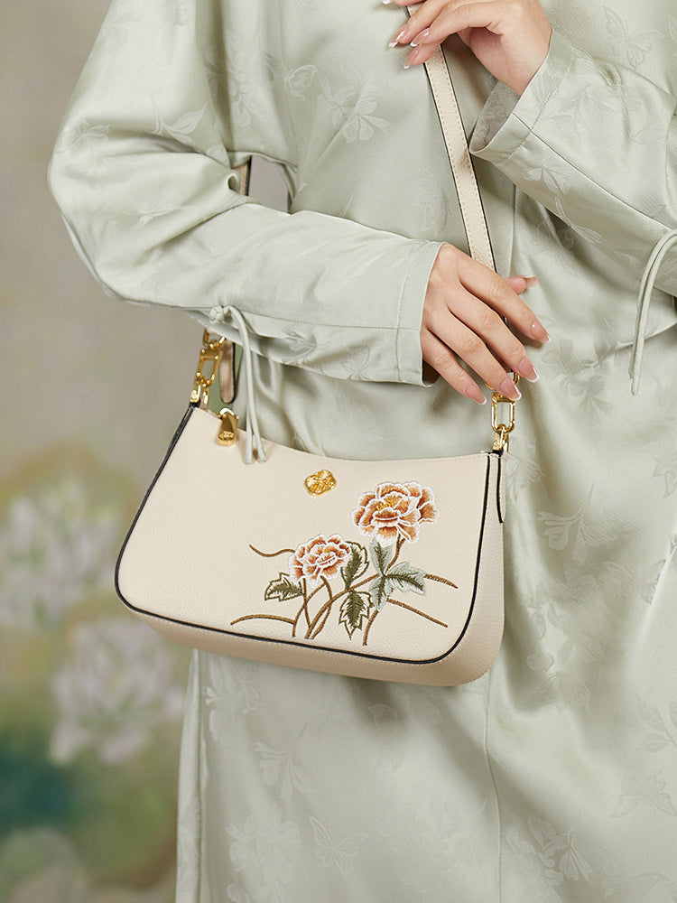 Ly Listed Leather National Style Printed White Collar Shoulder Bags