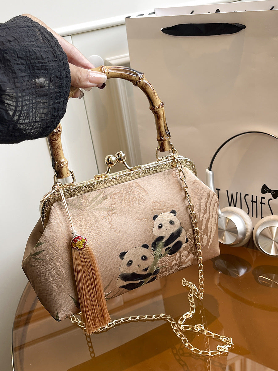 Panda Climbing Bamboo Wooden Fashion Tassel Women's Handbag