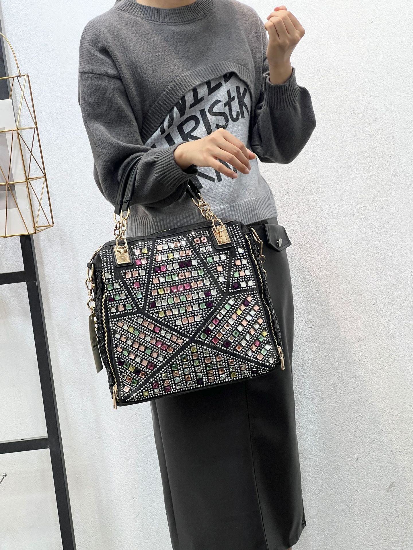 Women's Woven Fashion Rhinestone Denim Large Capacity Women's Handbag