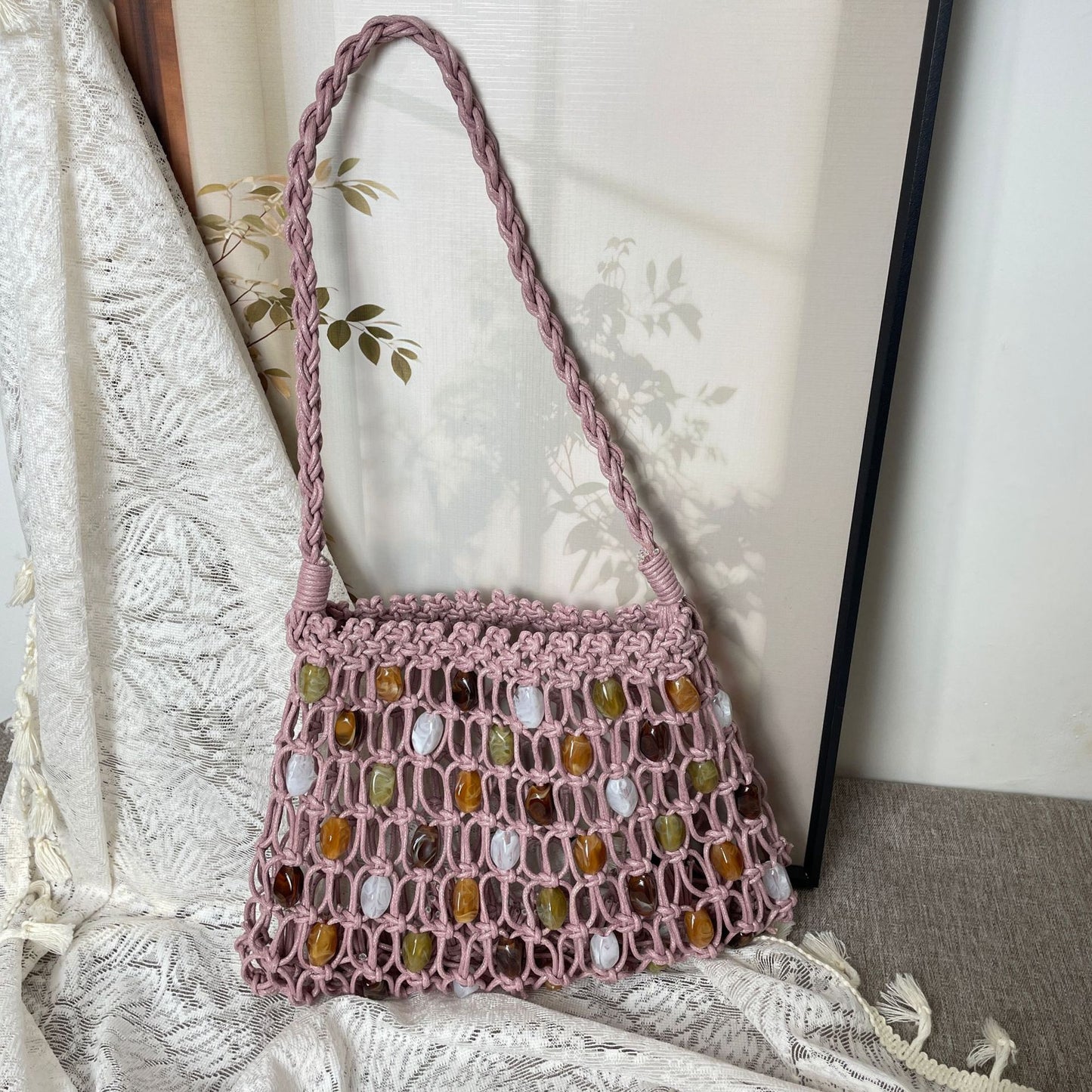 Hand-woven Acrylic Wax Rope Summer Hollow Mesh Beach Women's Handbag
