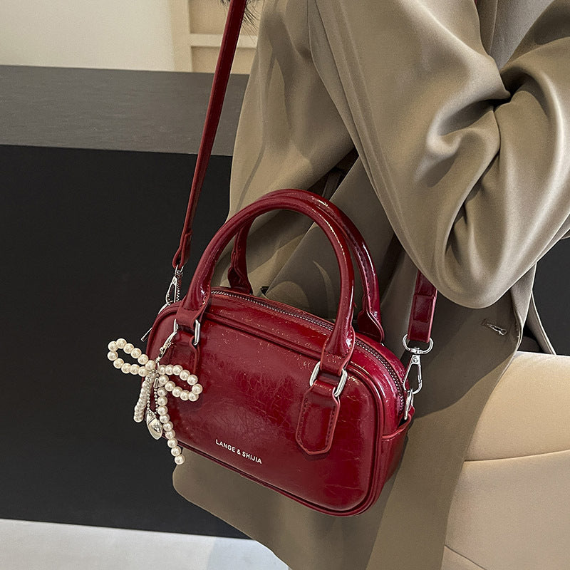 Women's Red Summer Oil Wax Leather Hand Holding Pillow Bags