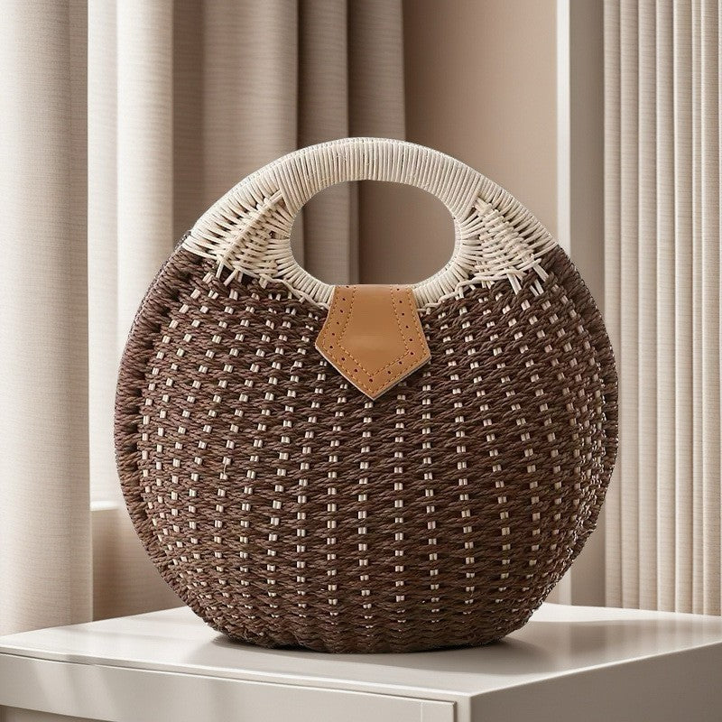 Simple Straw Style Woven Semicircle Beach Portable Round Women's Handbag