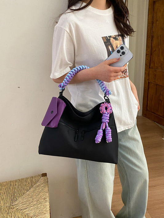Purple Tone Braided Rope Commute Leisure Blue Contrast Women's Messenger Bag