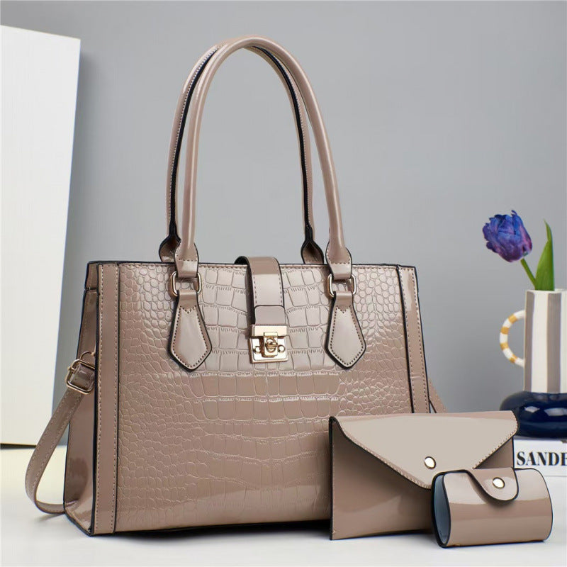 Three-piece Large Capacity Bright Leather Crocodile Women's Handbag