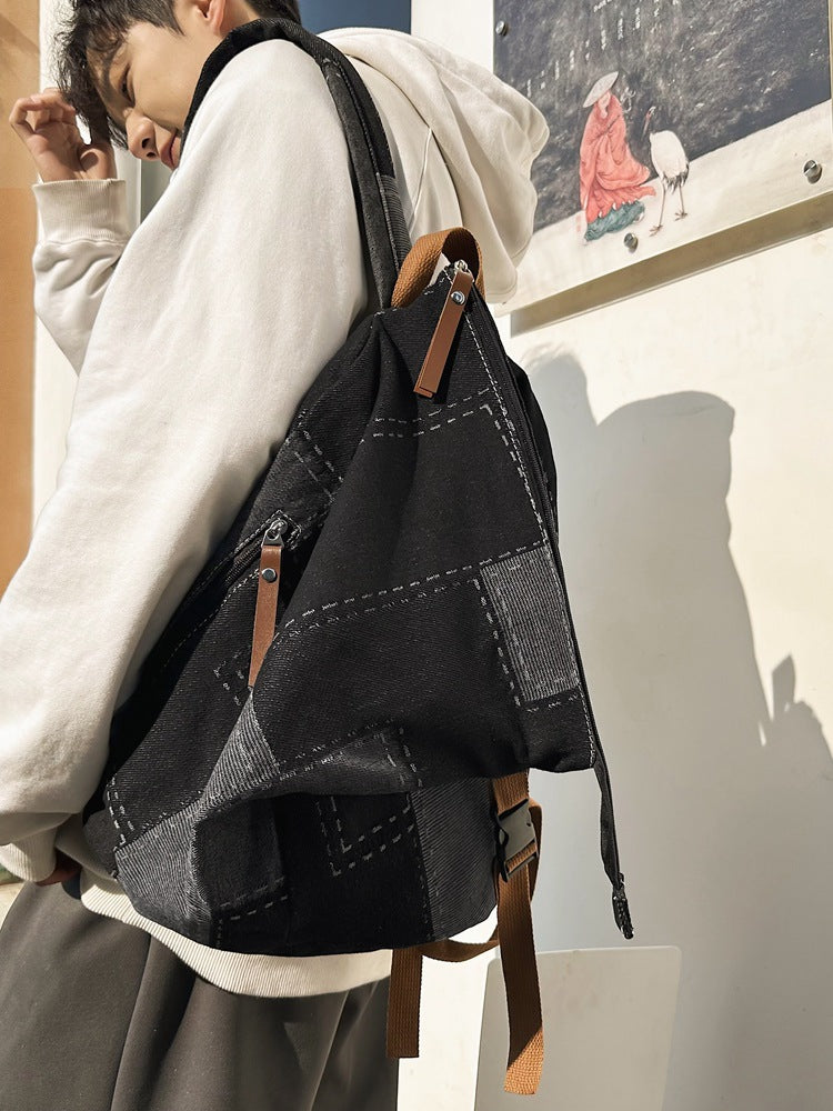 Personality Folding Denim Contrast Color Large Capacity Korean Style Backpacks