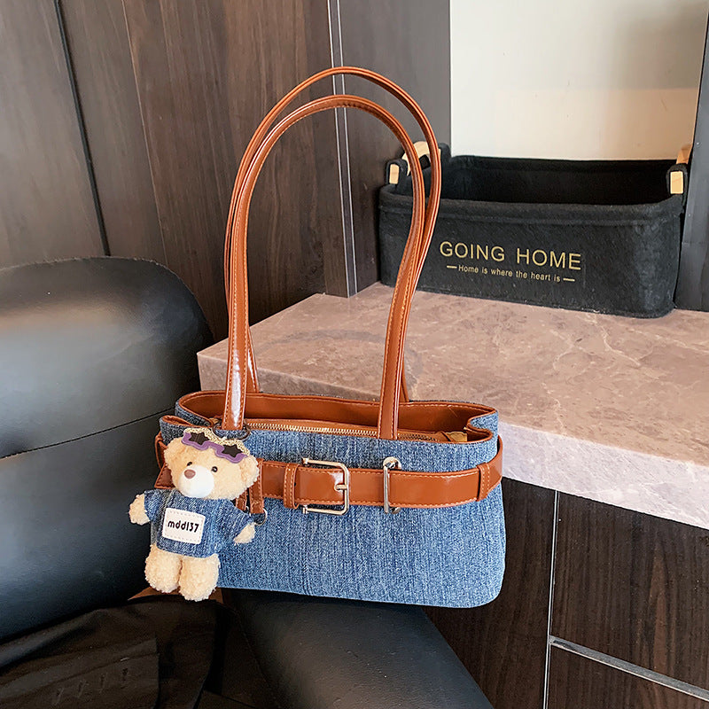 Women's Contrast Color Denim Personal Korean Style Design High Sense Niche Shoulder Bags