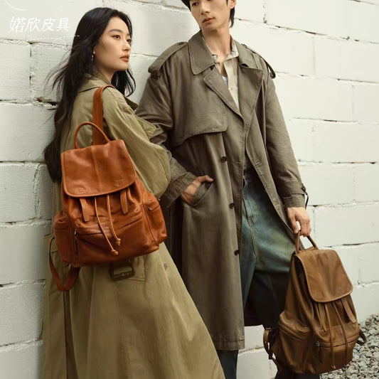 Women's & Men's Vegetable Tanned Sheepskin Lightweight Retro Genuine Leisure Backpack