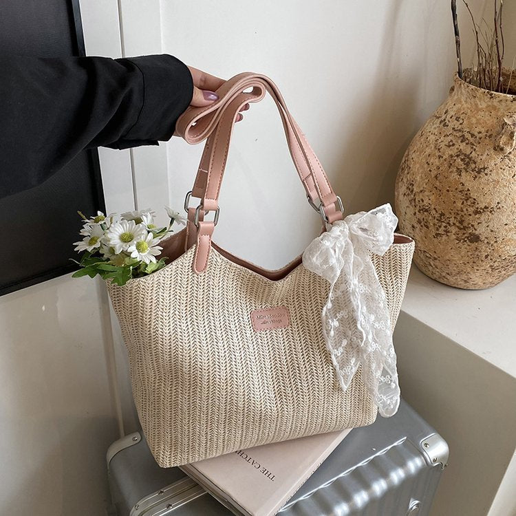 Summer Knitted Large Capacity Simple Ribbon Tote Bag