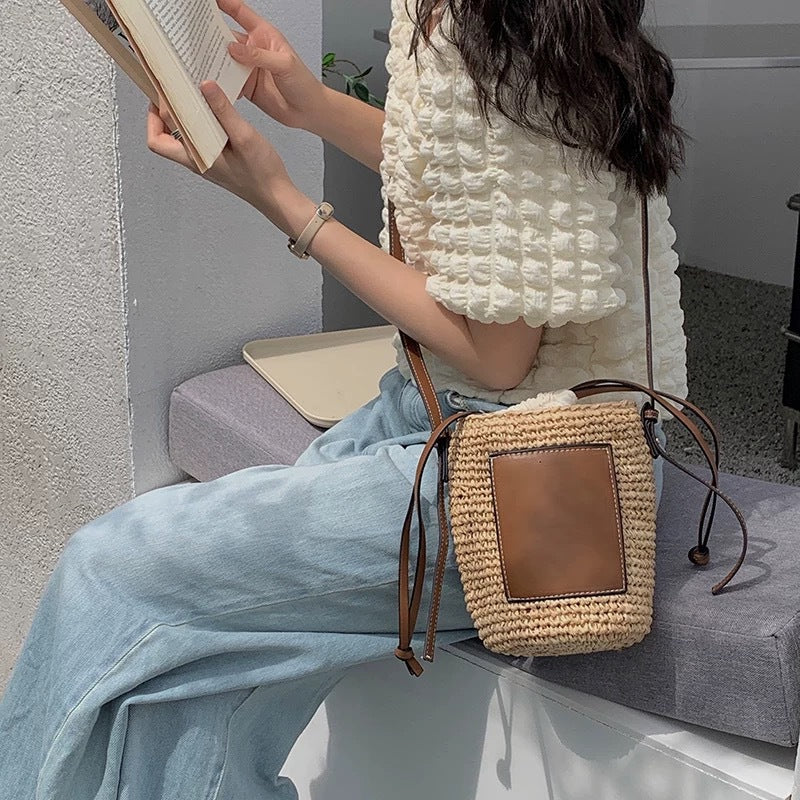 Cylinder Straw Woven Hand-woven Seaside Vacation Bucket Bags