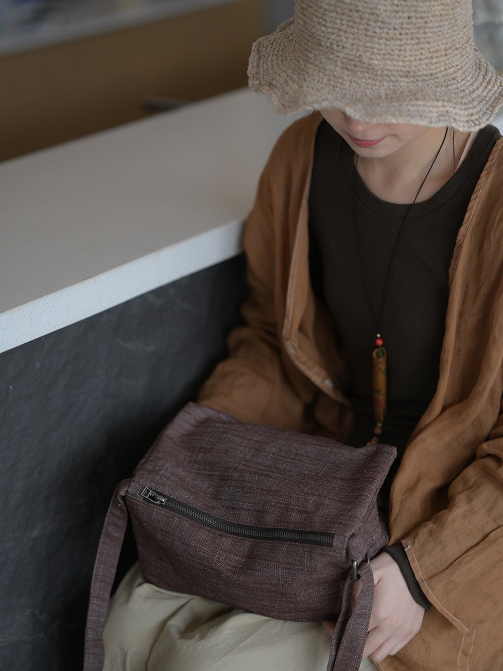 Women's Simple Pillow Large Capacity Solid Color Cotton Linen Niche Travel Bags