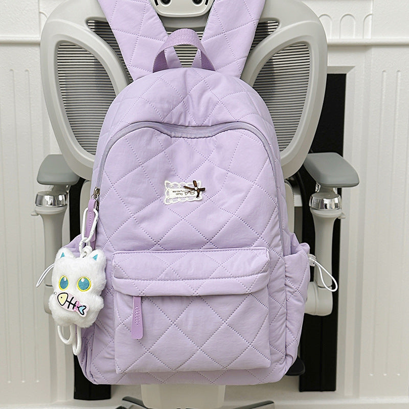 Soft Sticky White Pinch Cotton Rhombus Cute Leisure Backpack