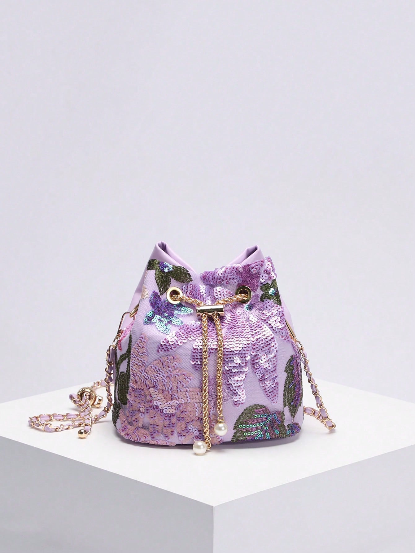 Women's Flower Embroidered Sequins Mesh Stitching Contrast Color Trendy Bucket Bag