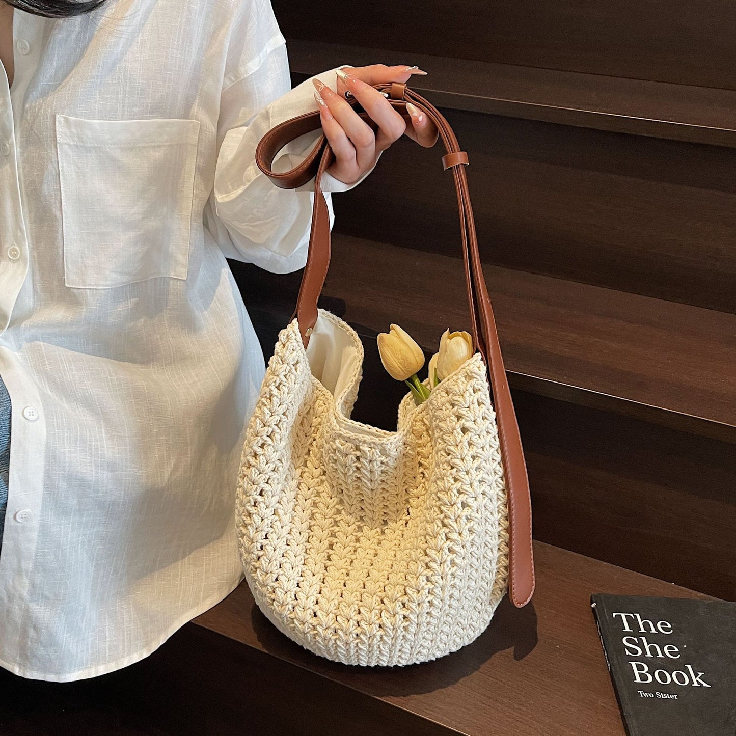 Fashionable Knitted Vegetable Basket Simple Beach Woven Bucket Bag