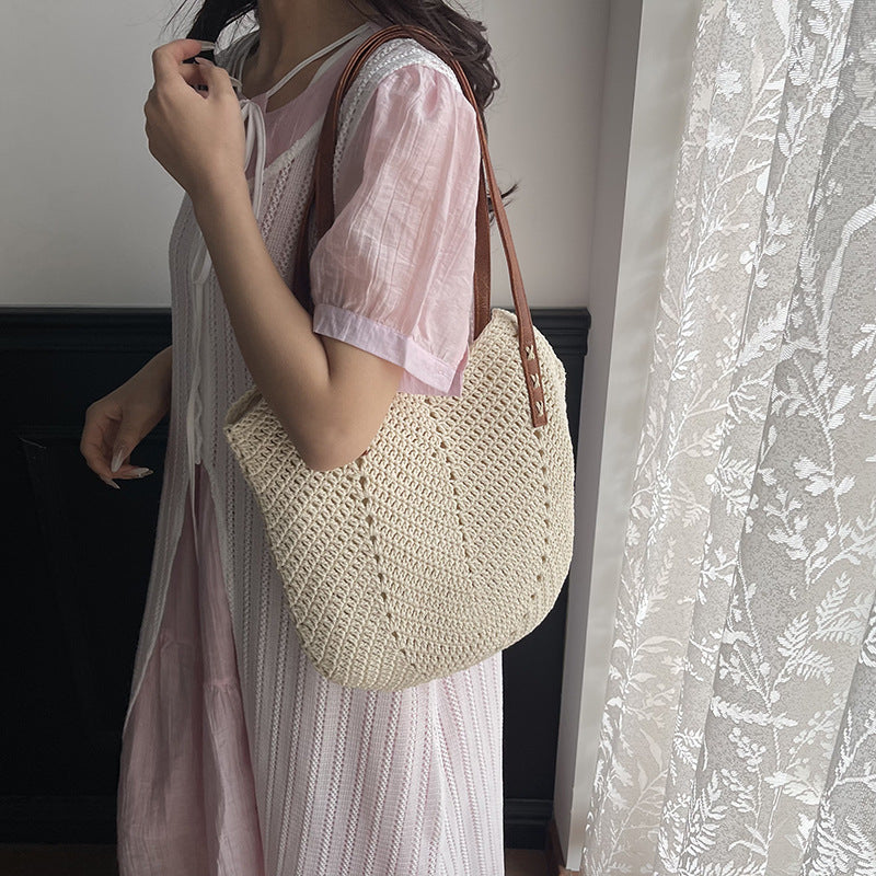 Women's Cotton Thread Woven Straw Vacation Style Beach Bags