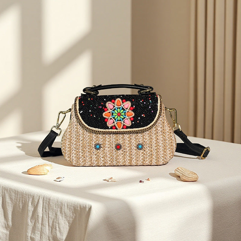Bohemian Style Bead Rattan Lightweight Portable Women's Handbag