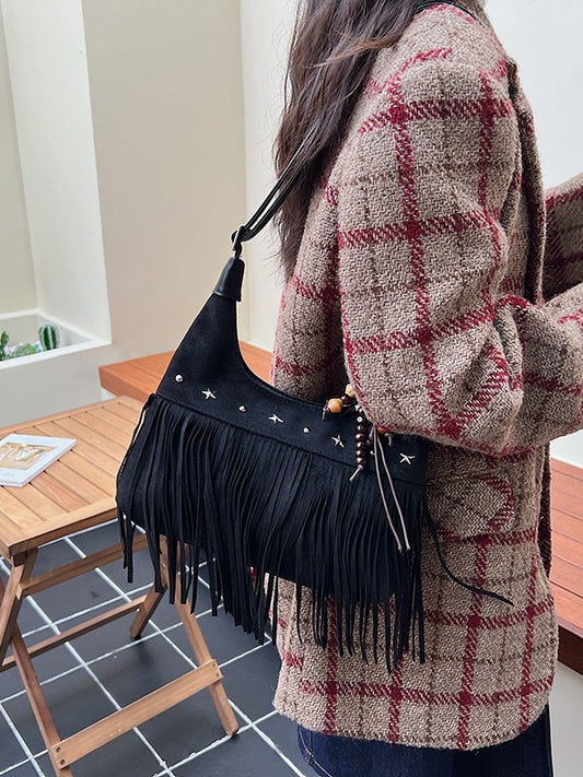 Women's Autumn Deerskin Veet Matte Tassel Retro Commuter Tote Bag