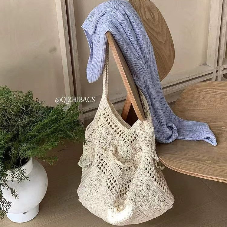 Letter Solid Color Lace Cutout Woven Women's Shoulder Bag