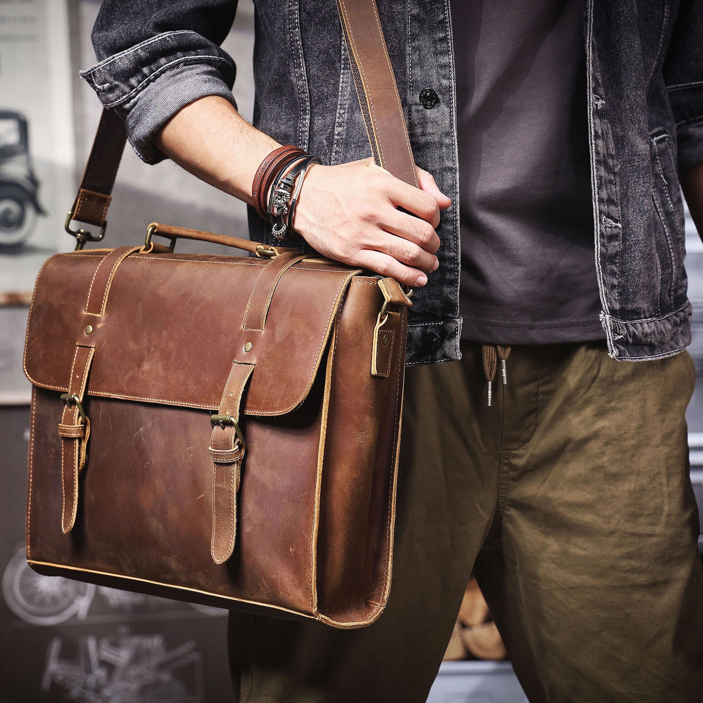 Men's Crazy Horse Leather Business Vintage Computer First Layer Men's Bags