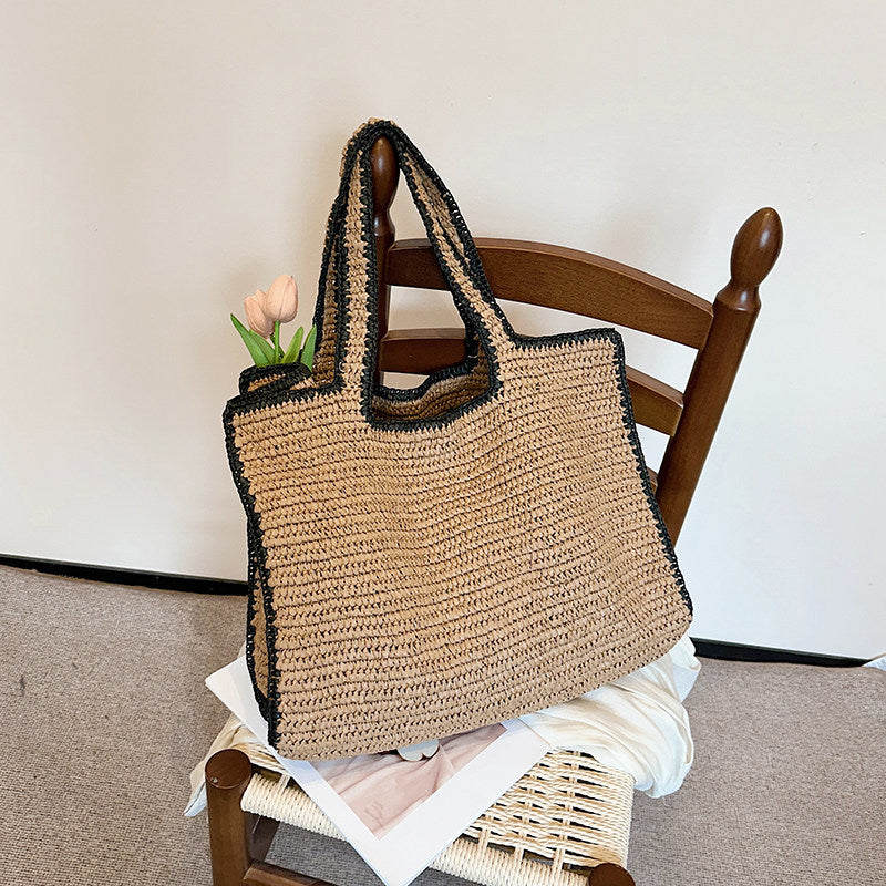 Women's Seaside Vacation Style Straw Woven Large Tote Bag