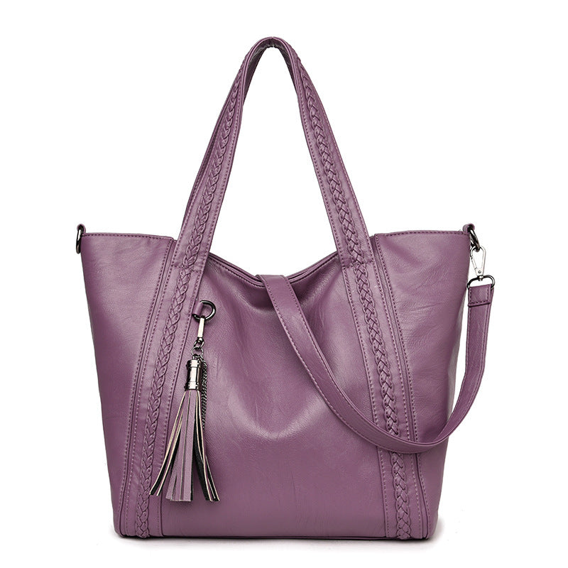 Women's Weave Large Capacity Tassel Soft Leather Commuter Tote Bag