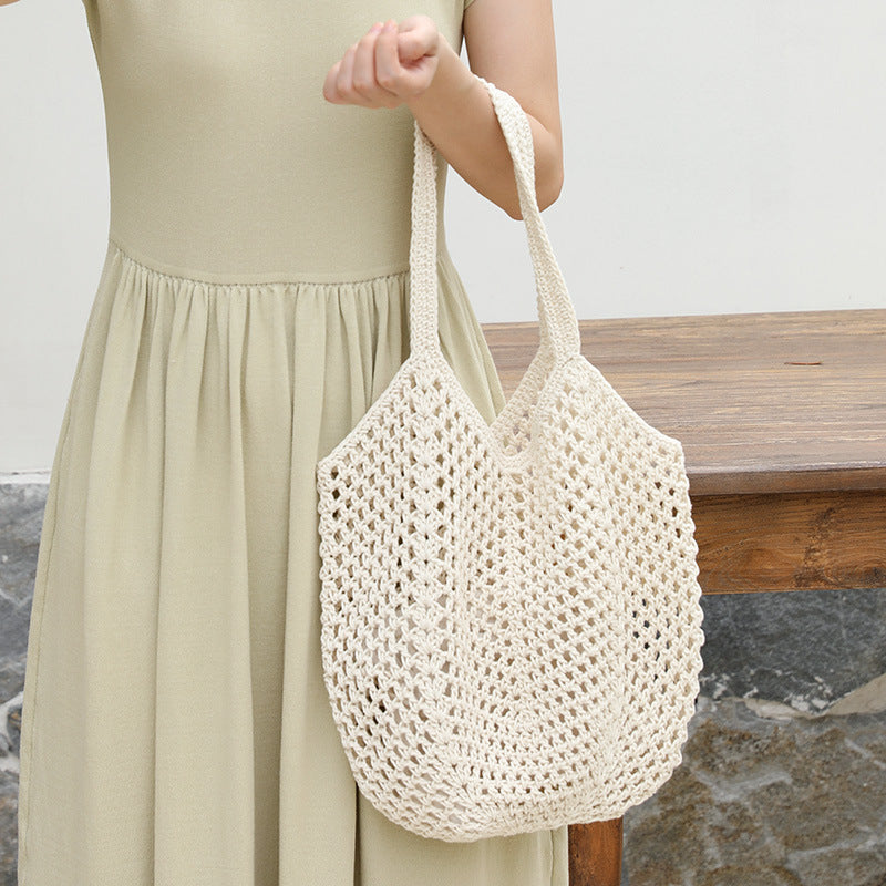 Women's Korean Drawstring Fashionable Cotton Hollow Hand-woven Women's Shoulder Bag