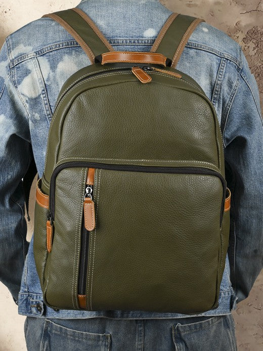 Women's & Men's Retro Leather First Layer Cowhide Large Capacity Contrast Backpacks