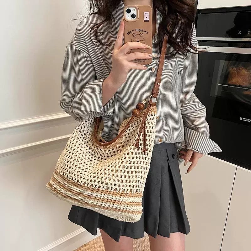 Style Cotton Thread Weaving Hollow Trendy Korean Beaded Straw Woven Women's Shoulder Bag